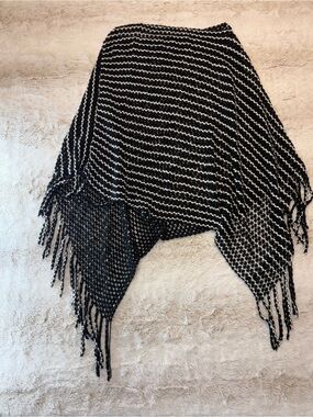Steve Madden Black & White Striped Fringe Poncho